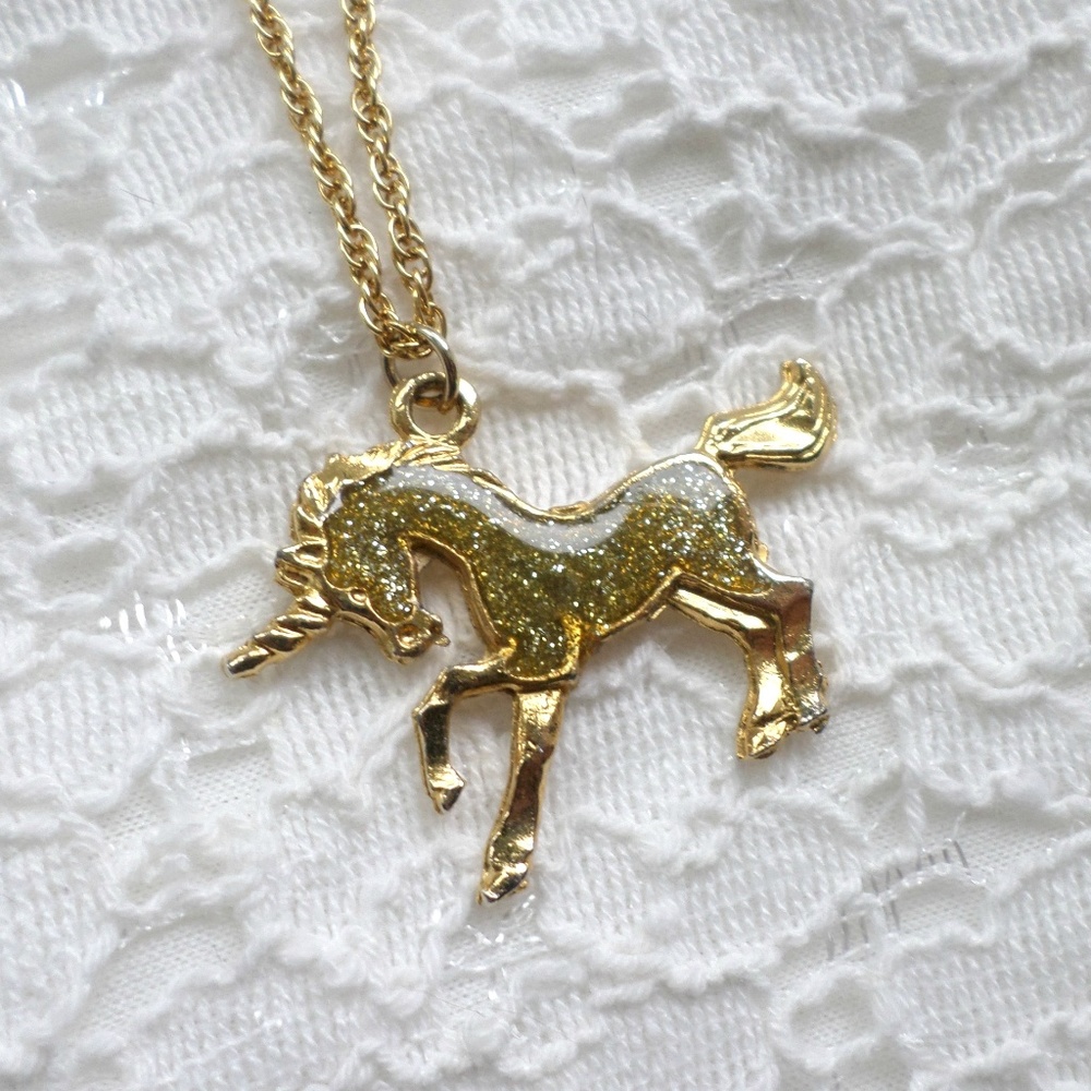 Glittery Gold Tone Unicorn Necklace
